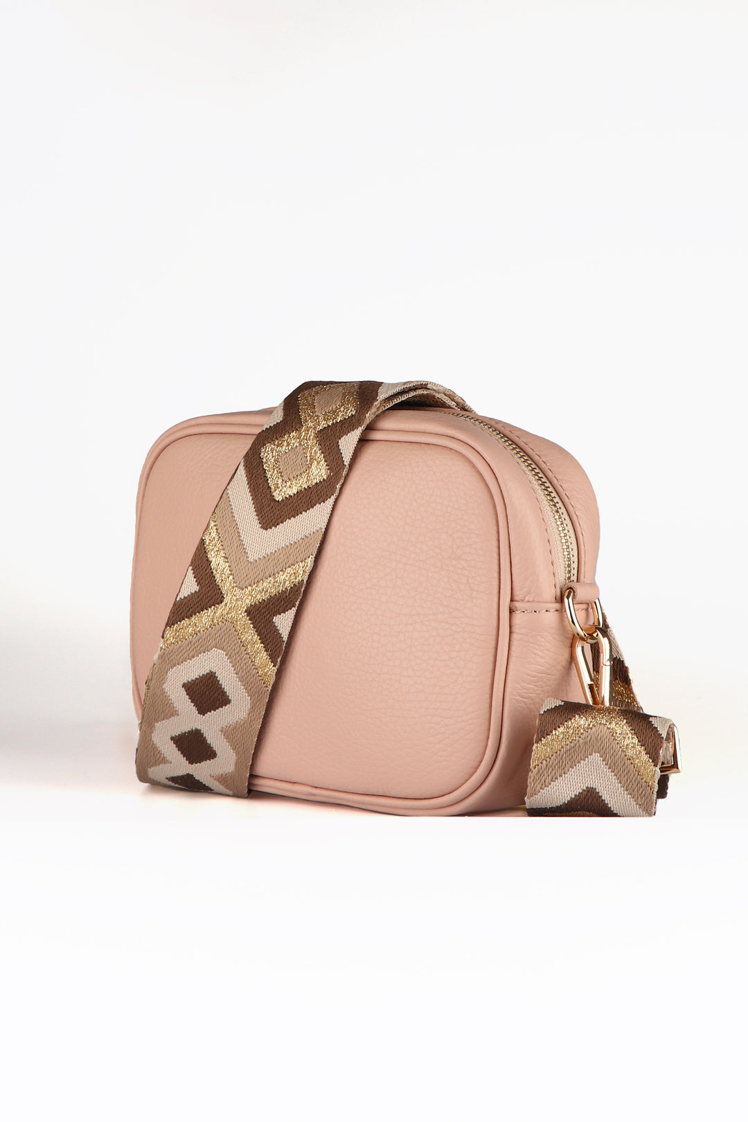 nude leather camera bag with beige and gold aztec pattern replacement strap 
