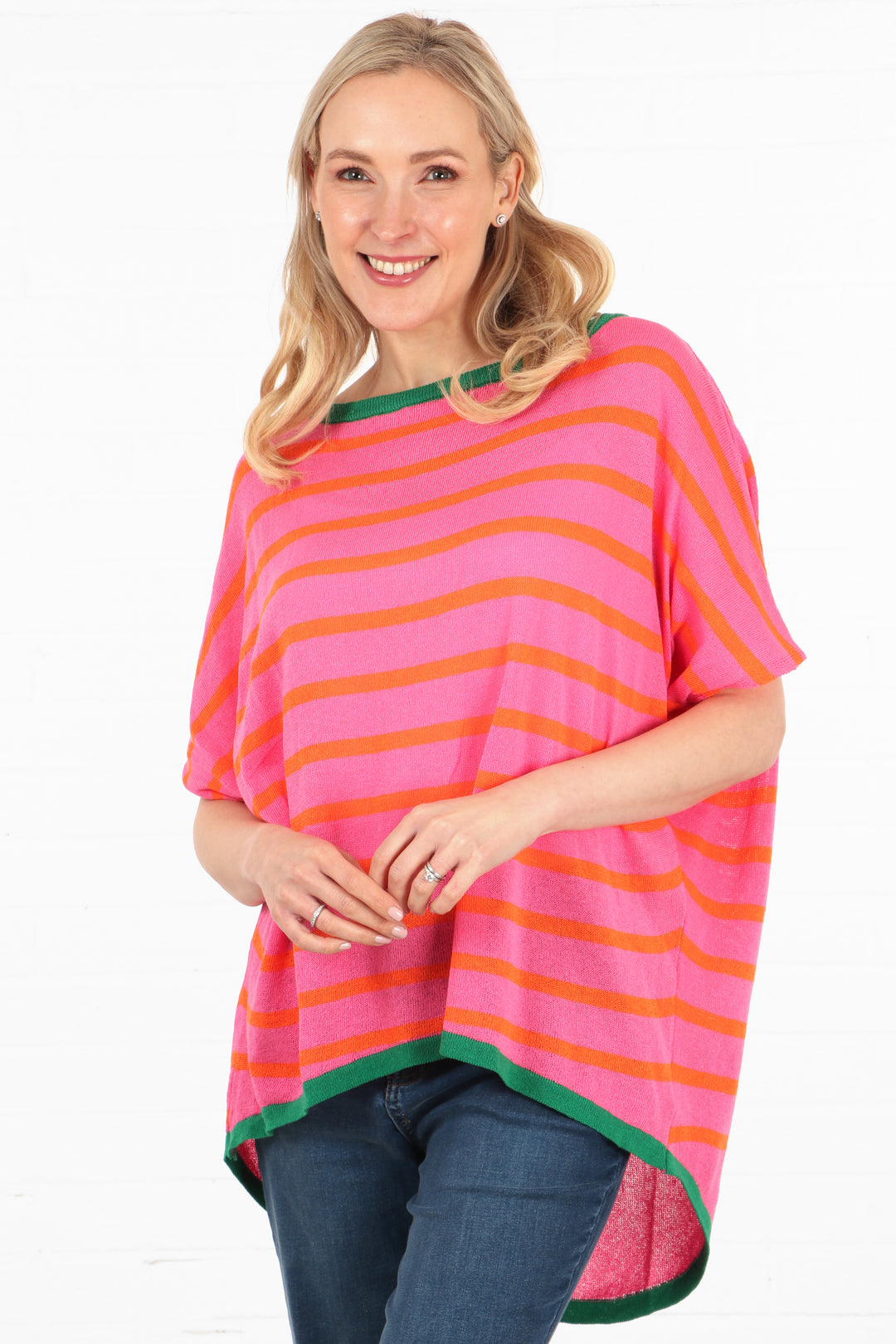 short-sleeve-cotton-jumper-pink-orange-stripe-front-on-model