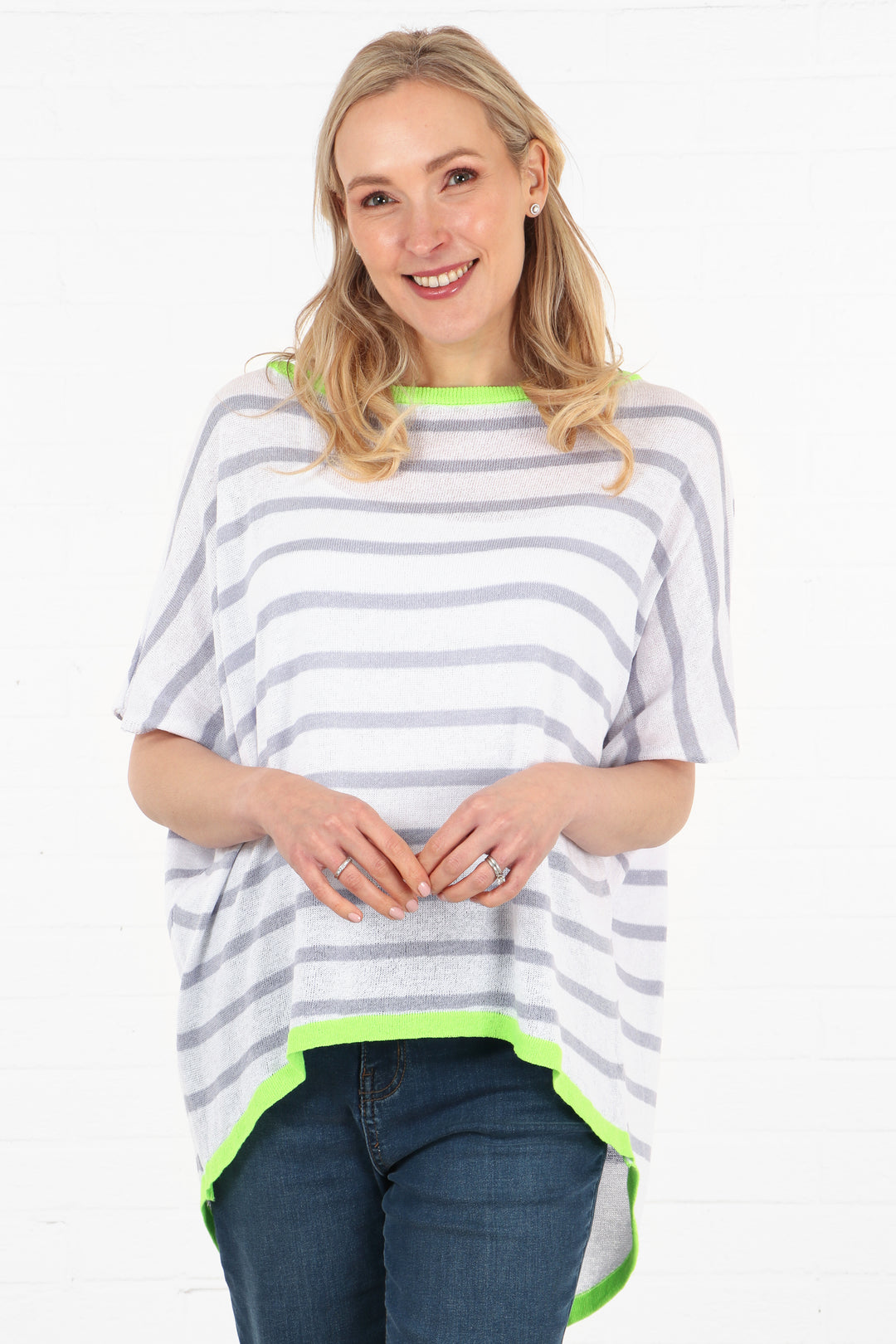 white, lilac and lime striped short sleeve batwing jumper 