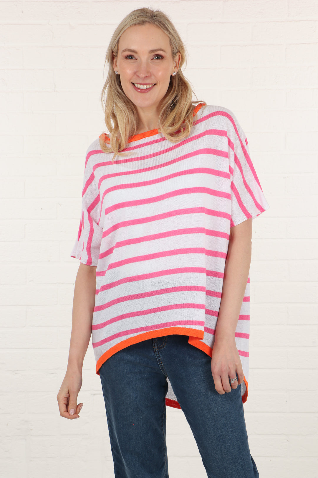 Striped Short Sleeve Cotton Knitted Top with Contrasting Trim in White Orange and Fuchsia