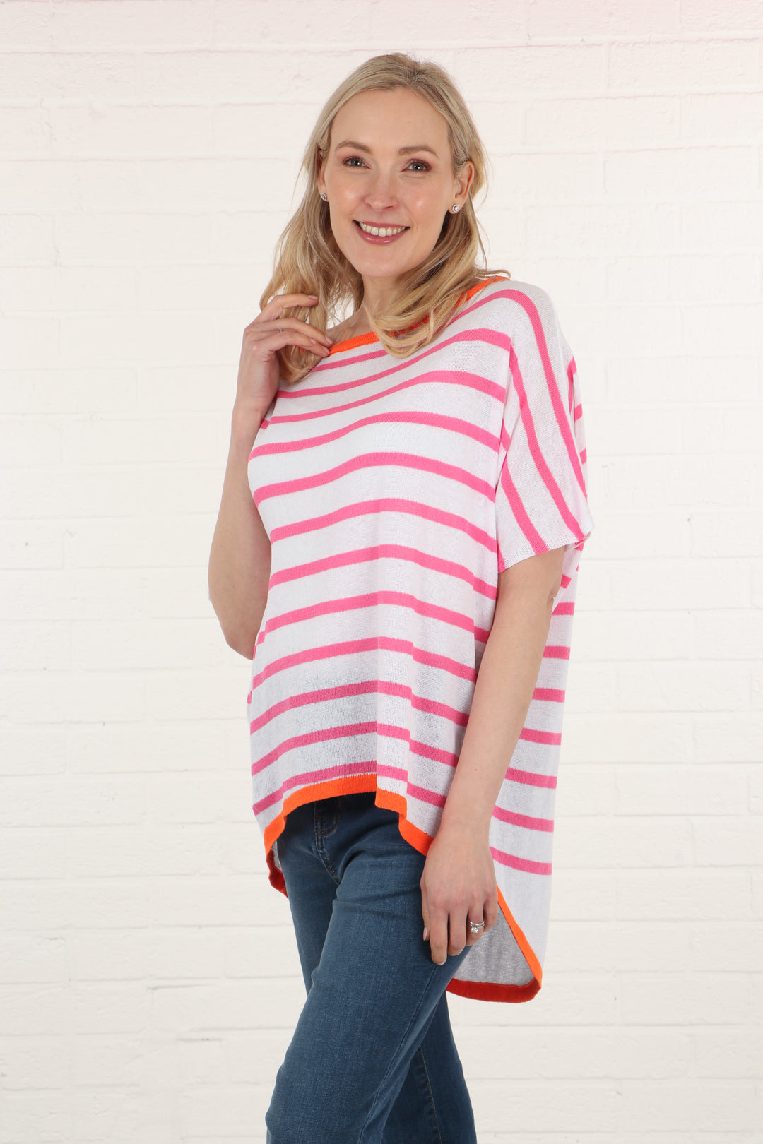 Striped Short Sleeve Cotton Knitted Top with Contrasting Trim in White Orange and Fuchsia