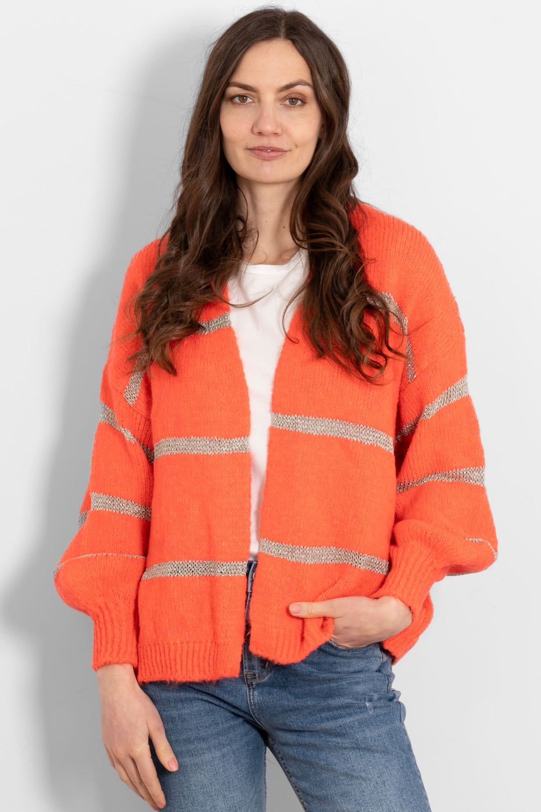 lucy-wool-blend-cardigan-coral-gold-striped-front-view-on-model