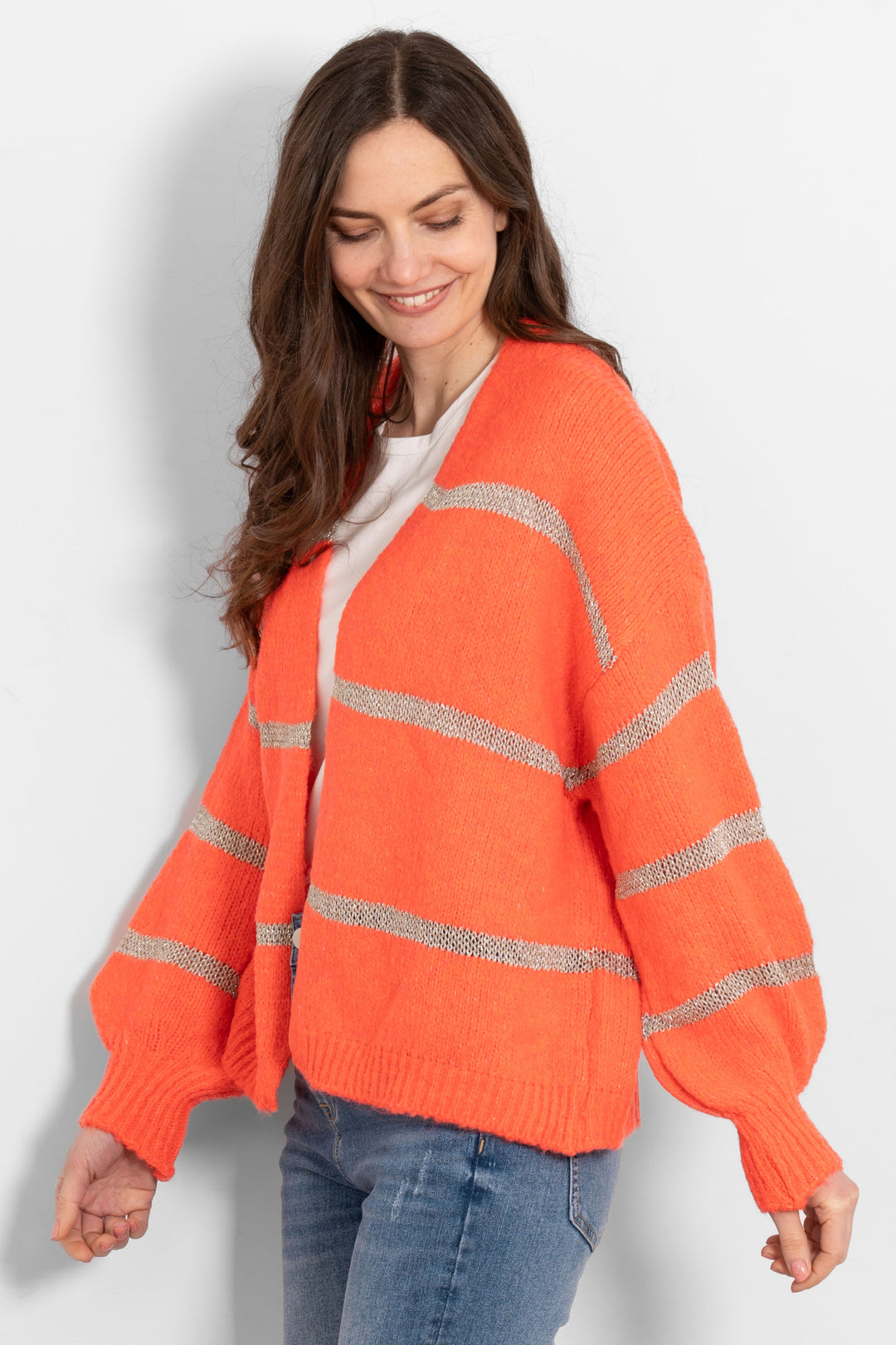 lucy-wool-blend-cardigan-coral-gold-striped-balloon-sleeves