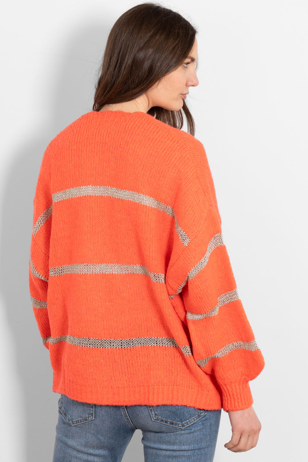 lucy-wool-blend-cardigan-coral-gold-striped-rear-view-gold-glitter-stripes