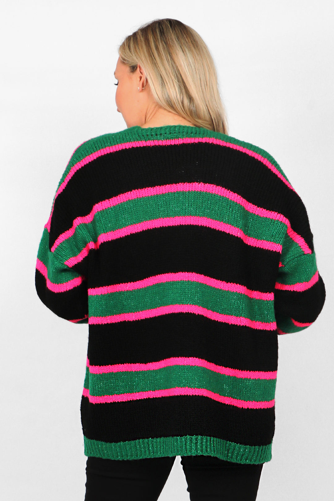 Black Green Fuchsia Wool Blend Colourblock Striped Cardigan