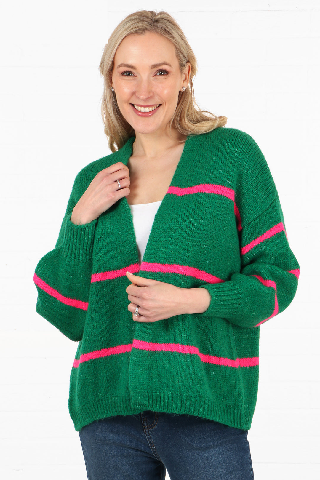 womens green knit cardigan with thin fuchsia pink stripes 