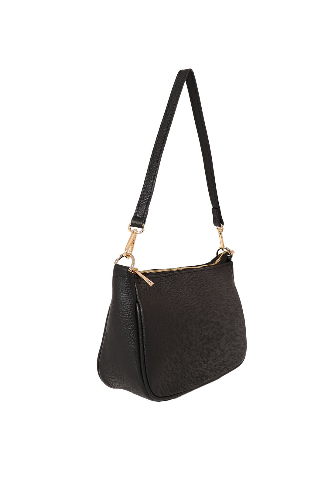 showing the black leather baguette bag on a side view, showing the shape of the bag, it is wider at the bottom than at the top