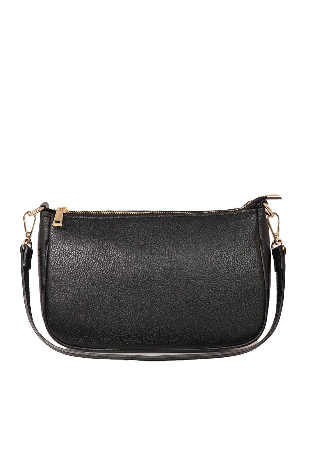 close up of the black leather baguette bag, showing the pebbled leather appearance