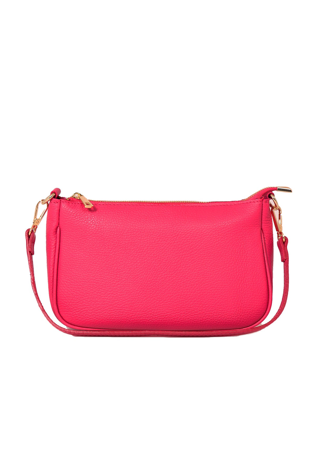 close up of the vibrant pink leather baguette bag, showing the pebbled leather appearance