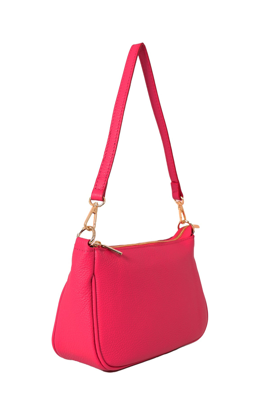 showing the pink baguette bag on a side view, showing the shape of the bag, it is wider at the bottom than at the top