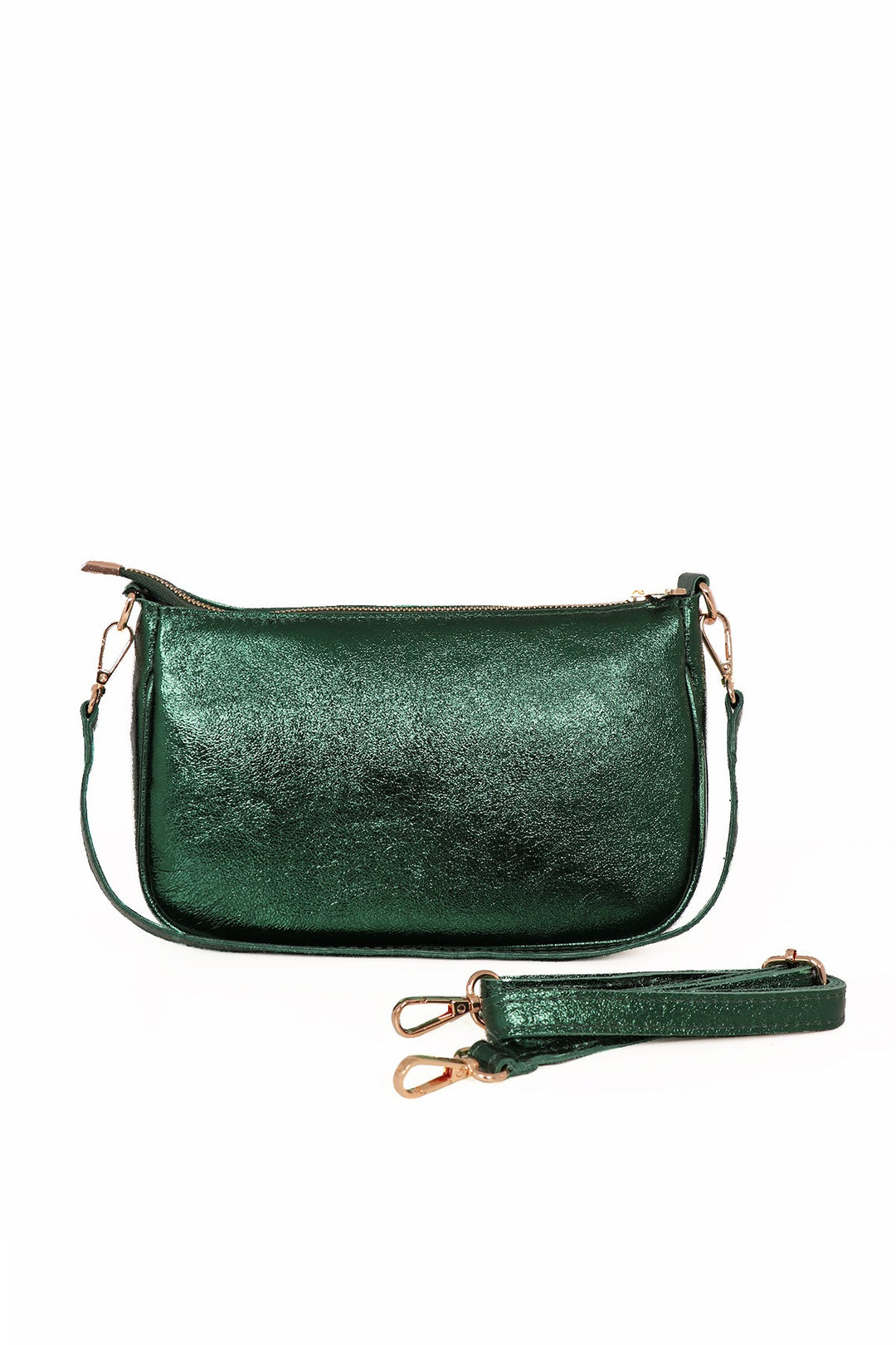 Metal Green Italian Leather Baguette Bag