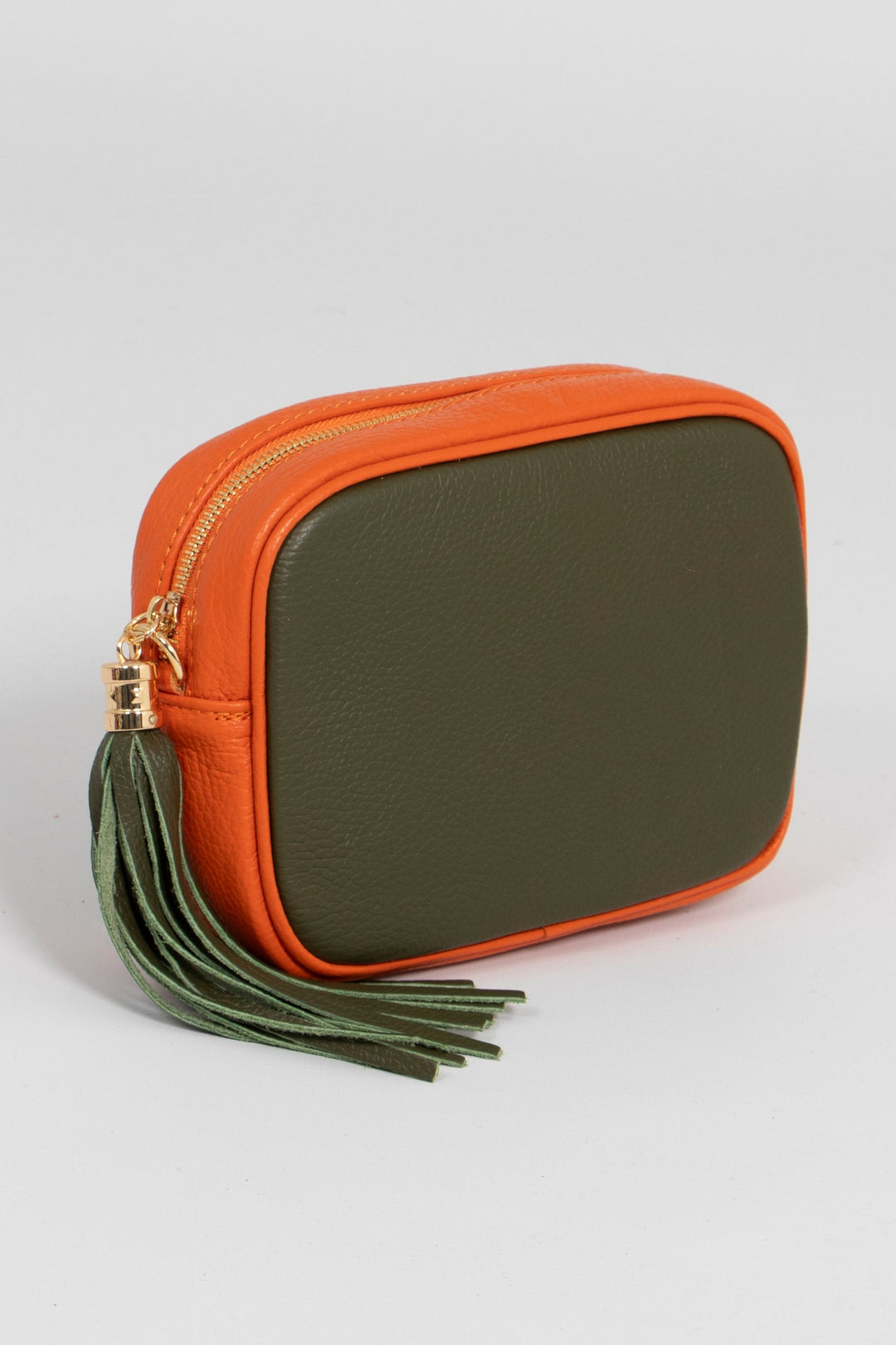 Beau - Italian Leather Crossbody Bag - Khaki/Orange, Pebbled