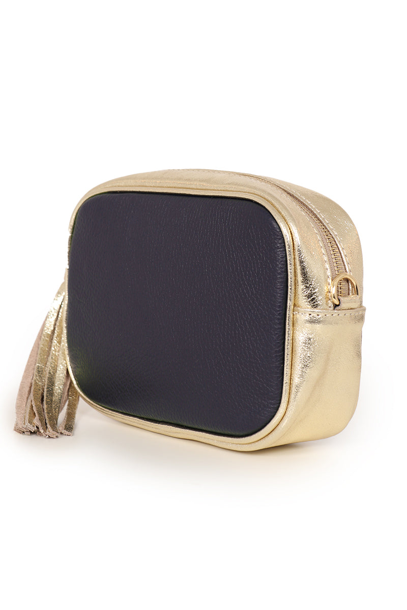 Navy Blue Gold Two Tone Genuine Italian Leather Camera Bag