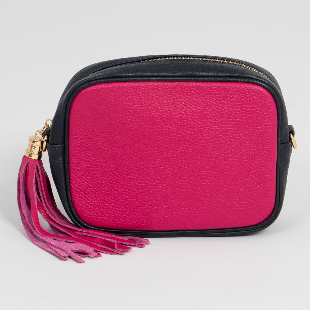 Beau - Italian Leather Crossbody Bag - Fuchsia/Navy Blue, Pebbled