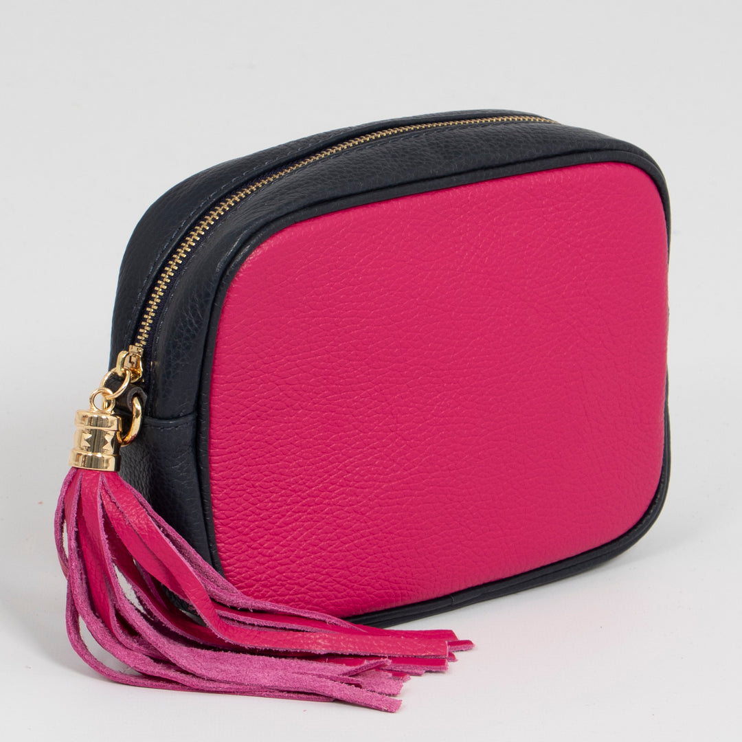 Beau - Italian Leather Crossbody Bag - Fuchsia/Navy Blue, Pebbled