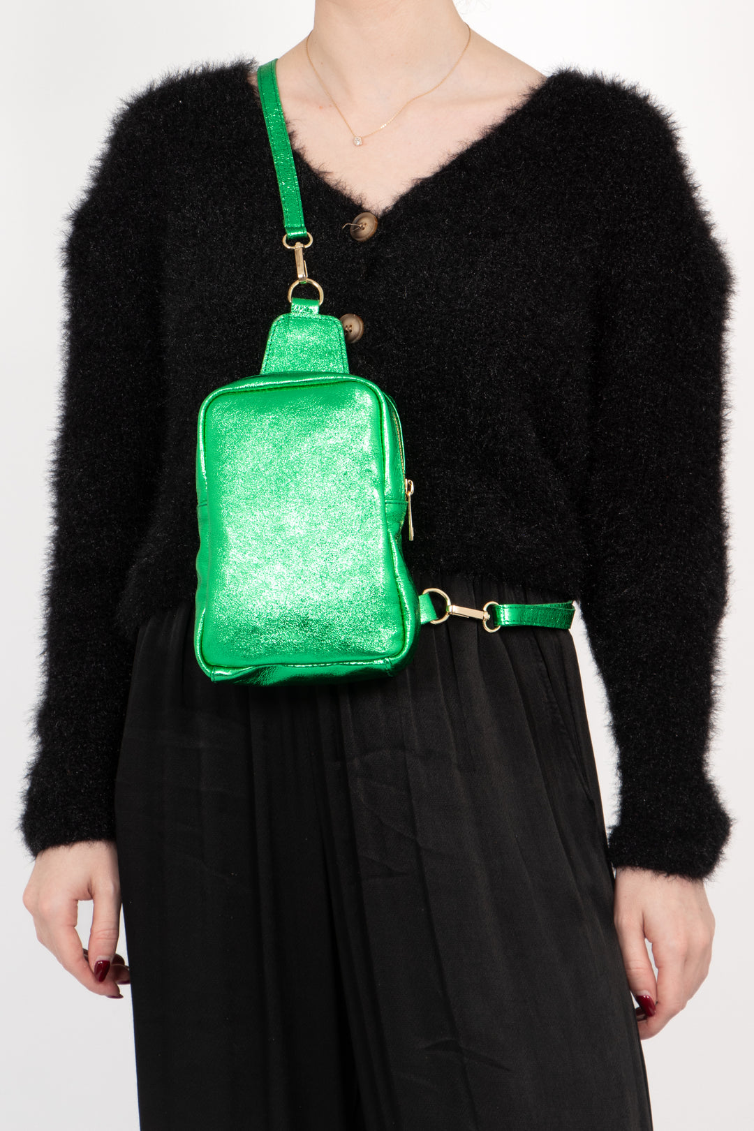 Tara - Italian Leather Sling Bag - Bright Green, Metallic