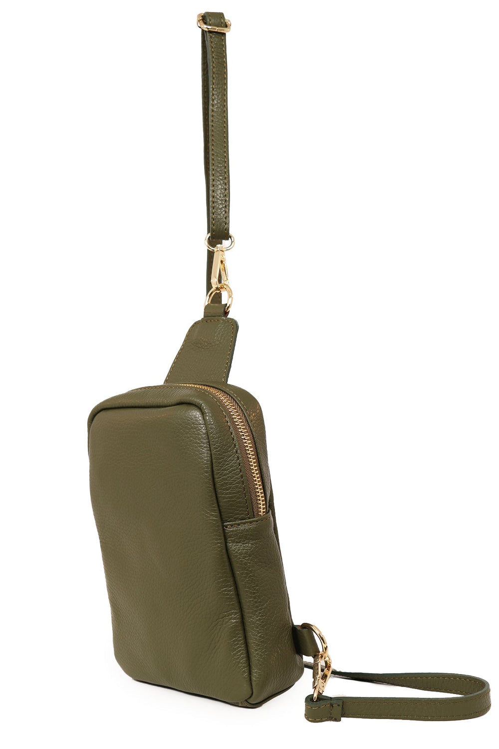 close up of the khaki leather sling bag, showing the zip closure and gold hardware