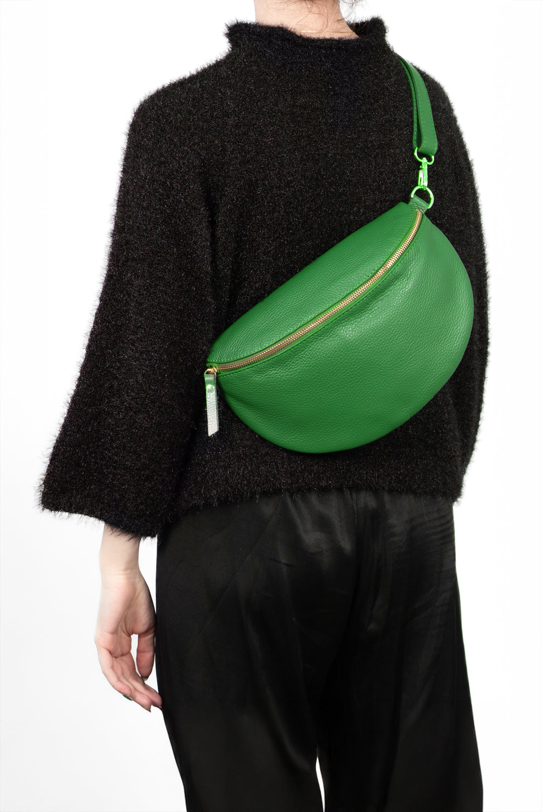 Meadow - Italian Leather Half-Moon Crossbody Bag - Green, Pebbled