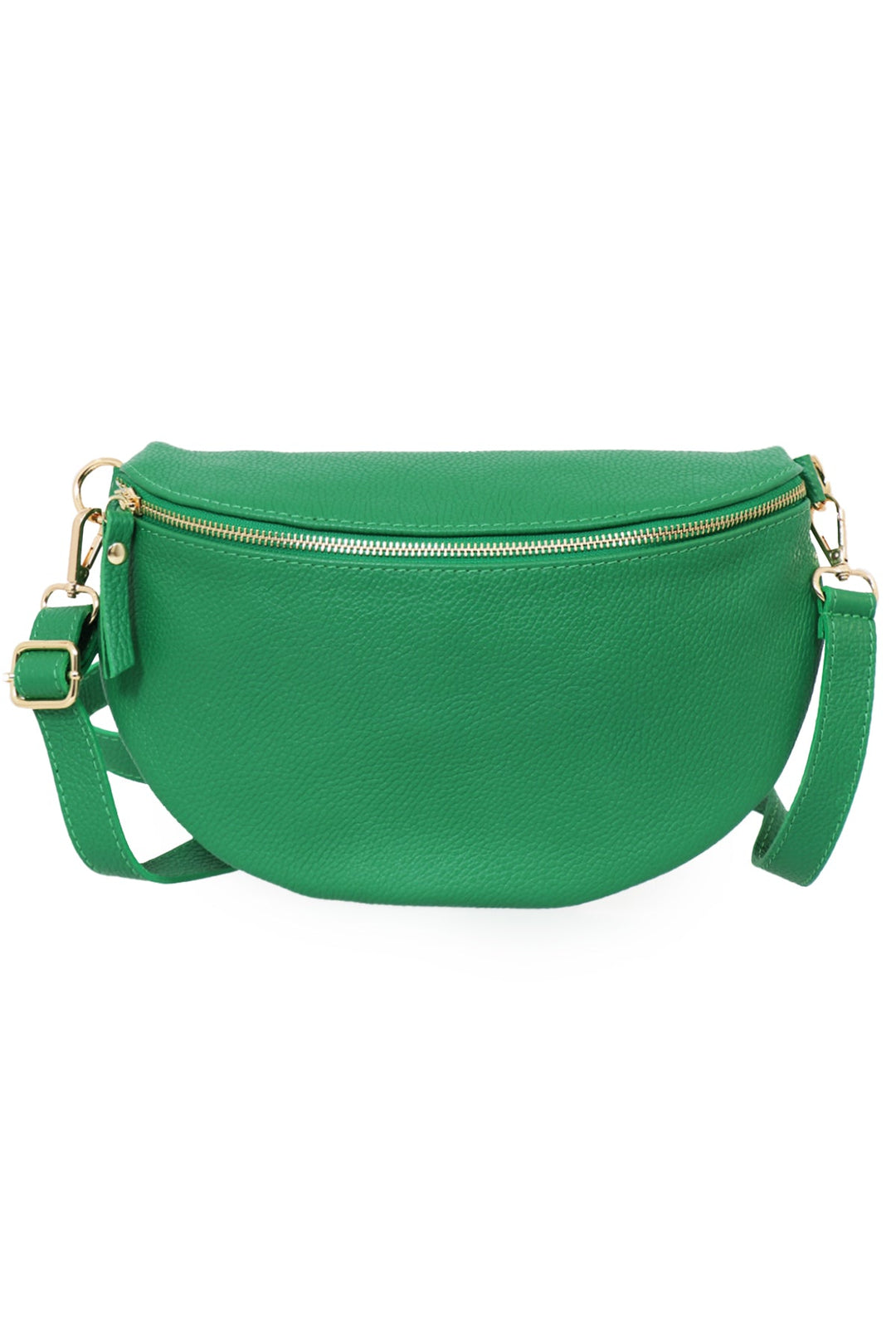 close up of the green pebbled leather bag, showing clearly the zip closure and adjustable strap