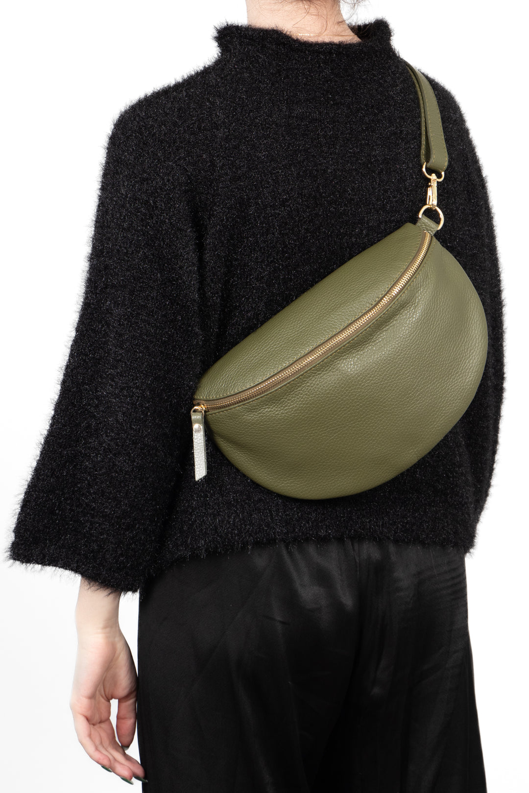 Meadow - Italian Leather Half-Moon Crossbody Bag - Khaki, Pebbled