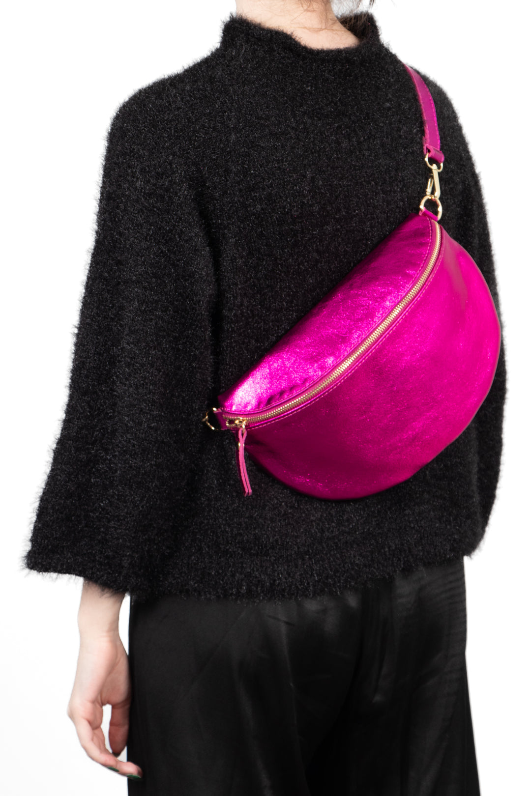 Meadow - Italian Leather Half-Moon Crossbody Bag - Raspberry, Metallic