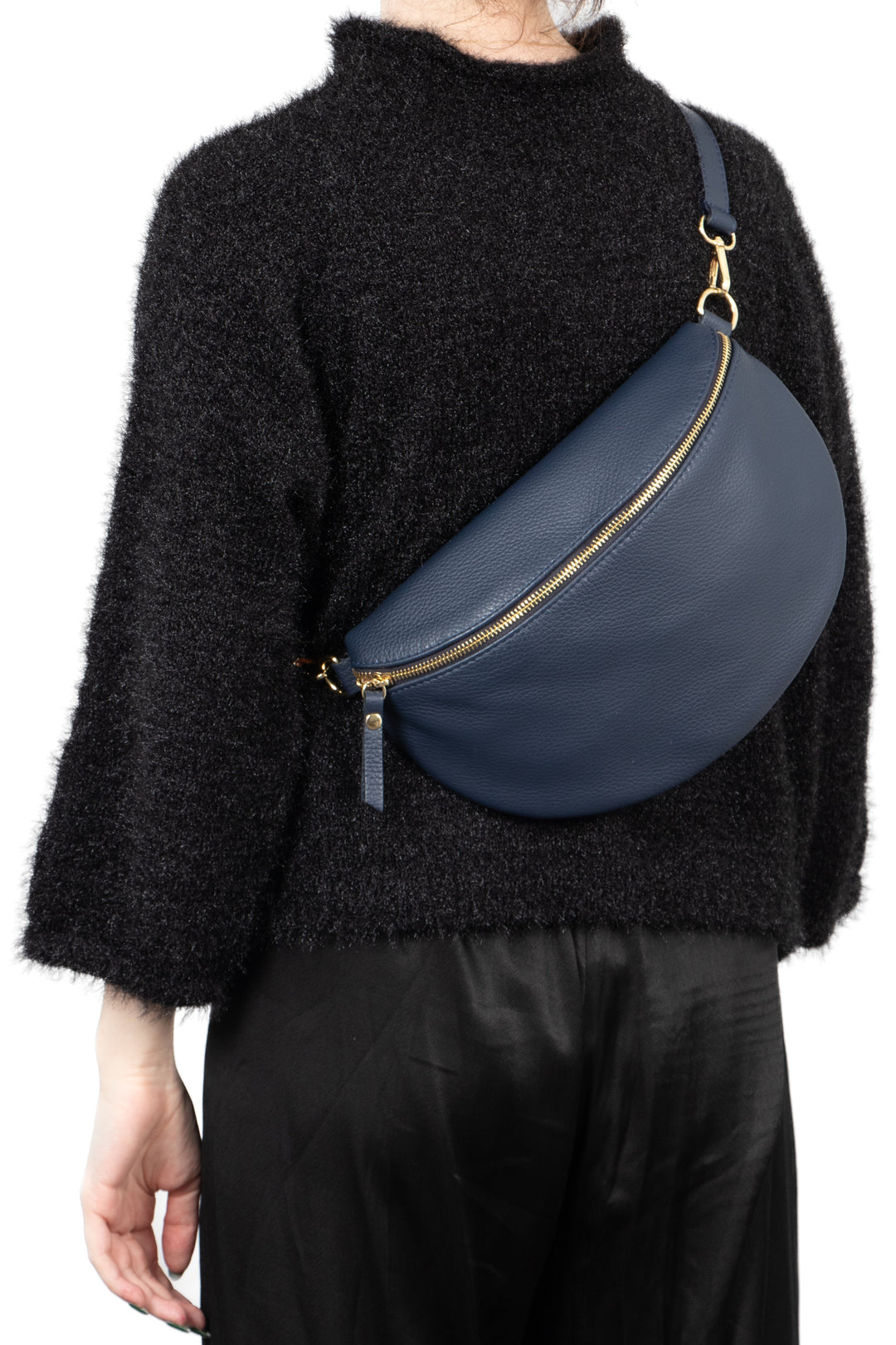 Meadow - Italian Leather Half-Moon Crossbody Bag - Navy Blue, Pebbled