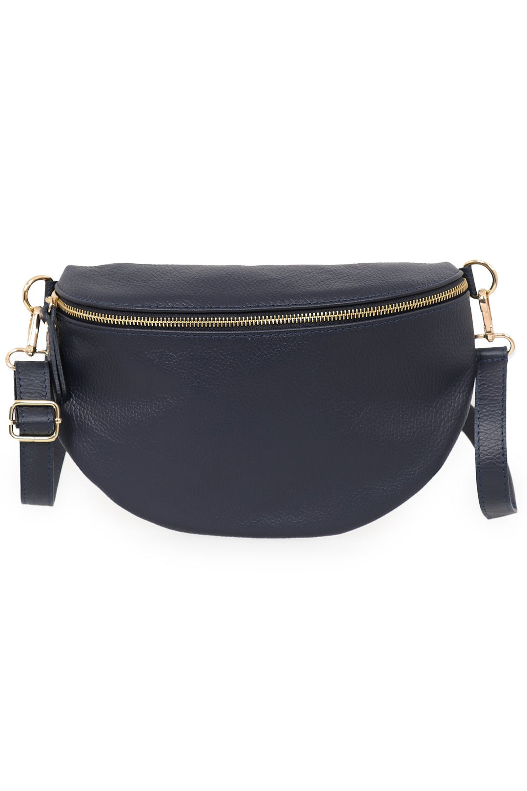 close up of the navy blue pebbled leather bag, showing clearly the zip closure and adjustable strap