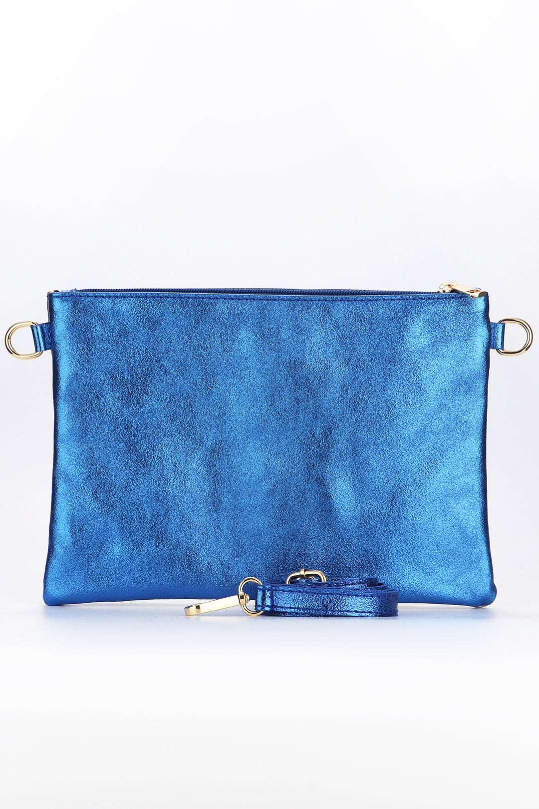 the back of the clutch bag is a solid royal blue, the bag has a zip closure compartment