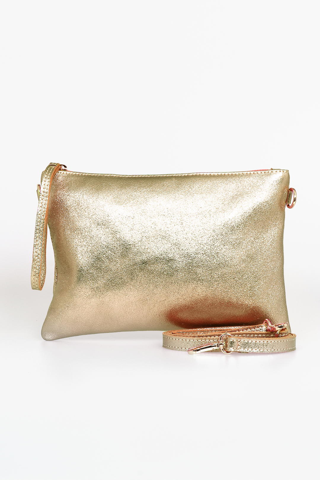 Gold Large Leather Wristlet Clutch Bag