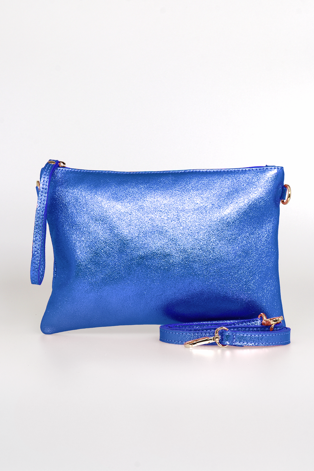Metallic Royal Blue Large Leather Wristlet Clutch Bag