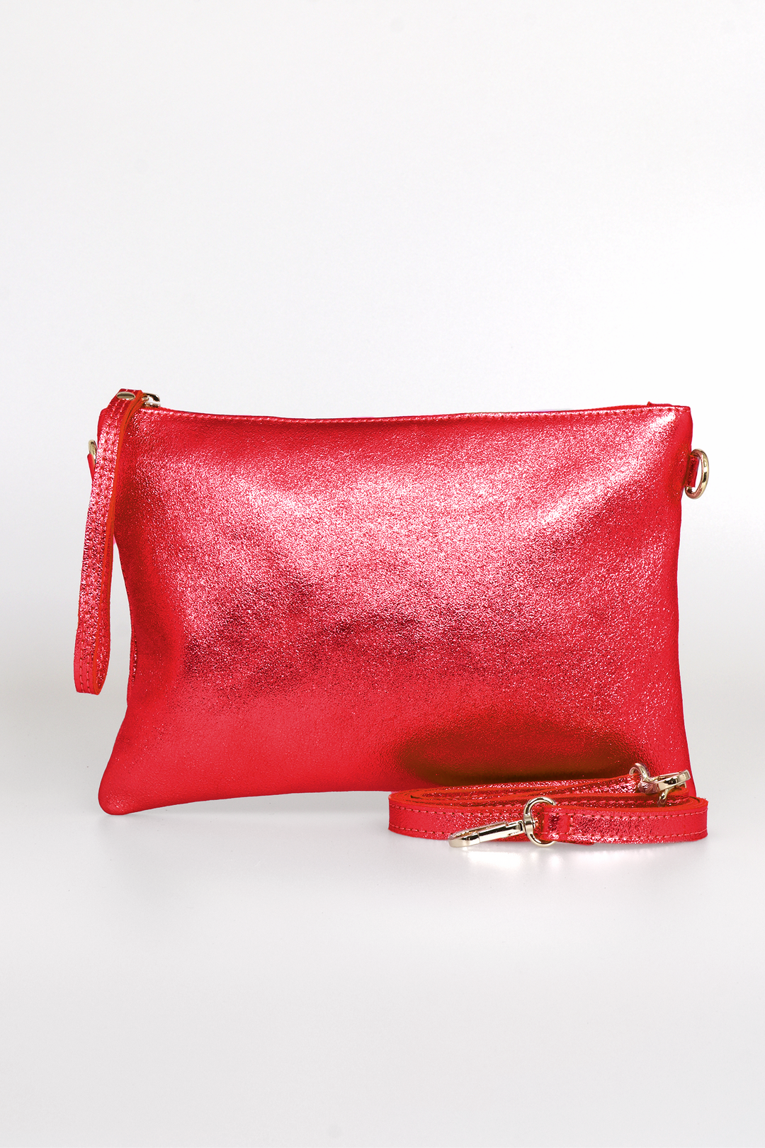 Metallic Scarlet Large Genuine Italian Leather Wristlet Clutch Bag