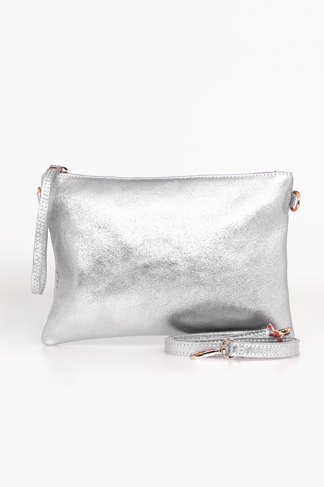 Silver Large Leather Wristlet Clutch Bag