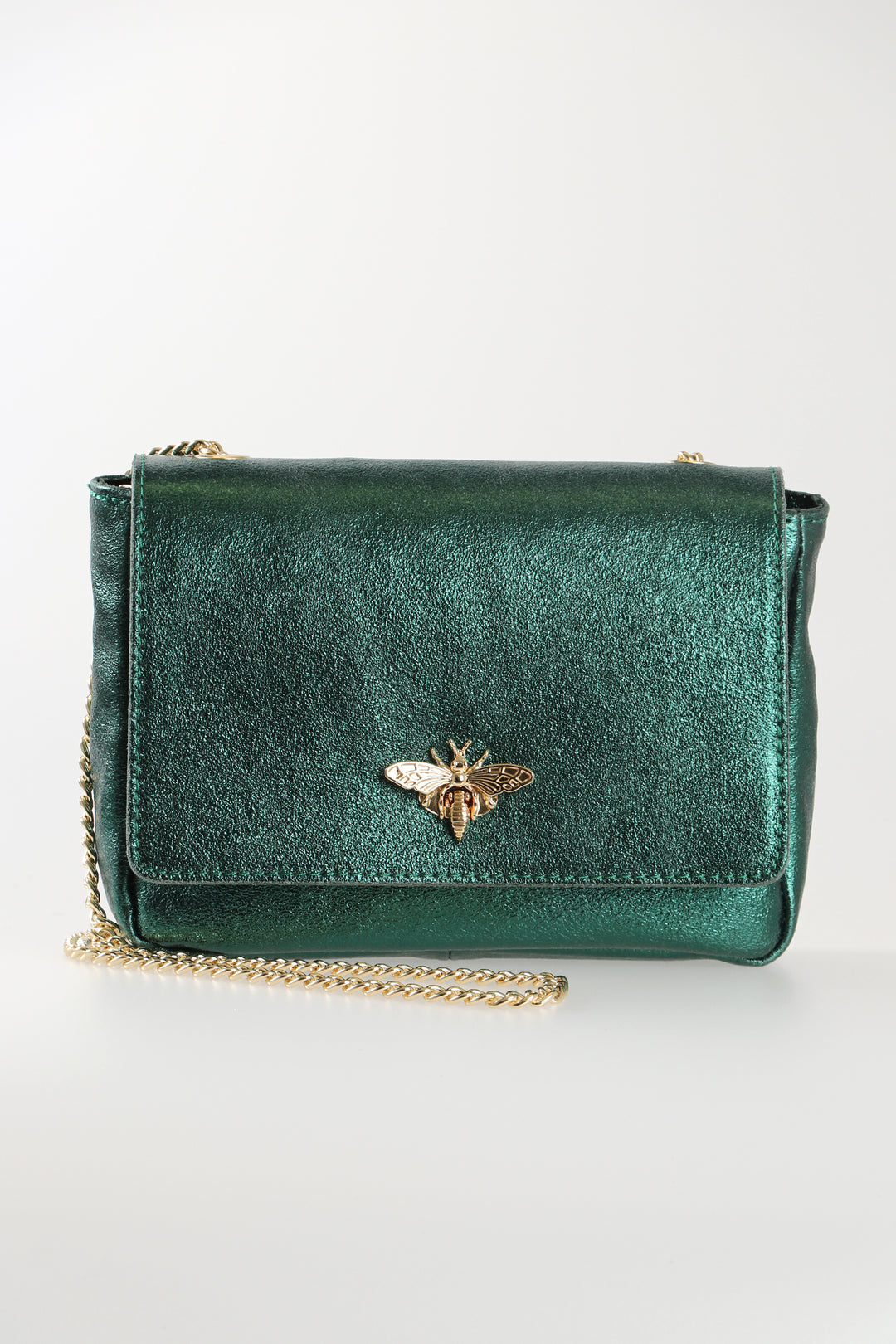 Emerald Green Genuine Italian Leather Bag with Bee Emblem and Chain Strap
