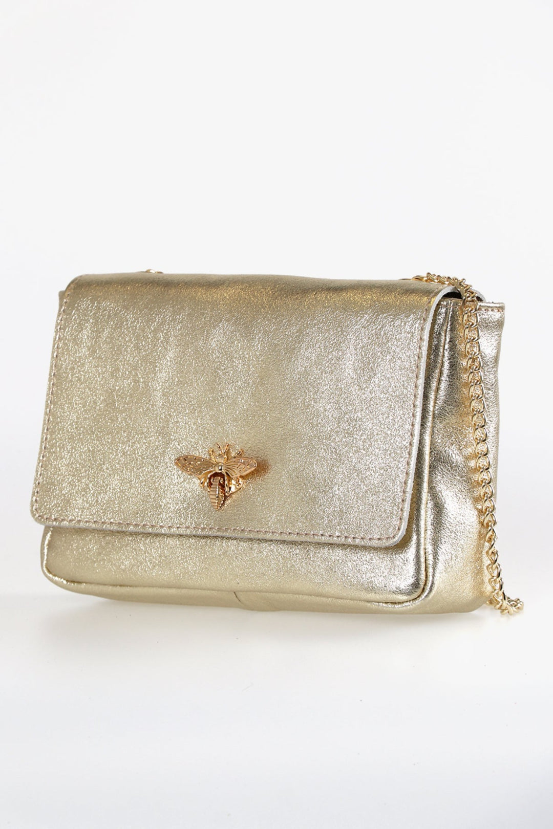 Gold Genuine Italian Leather Bag with Bee Emblem and Chain Strap