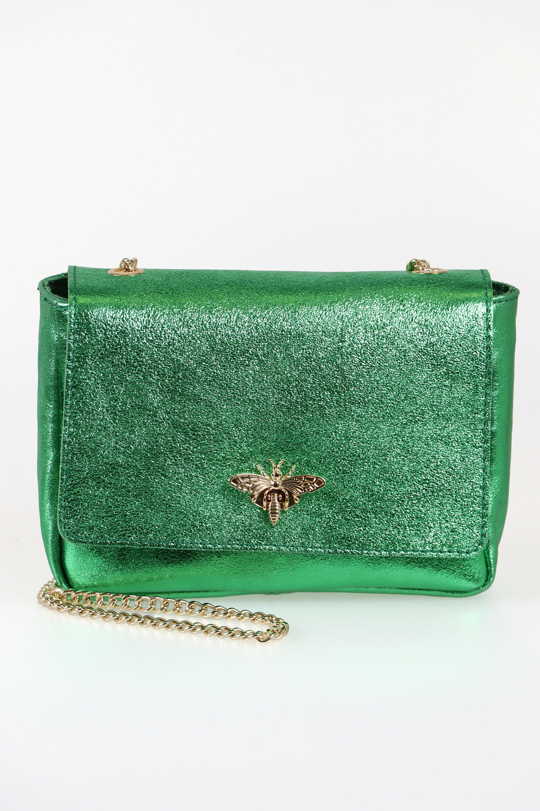 metallic green leather crossbody bag with a prominent gold bee clasp on the front and a classic cuban link chain strap