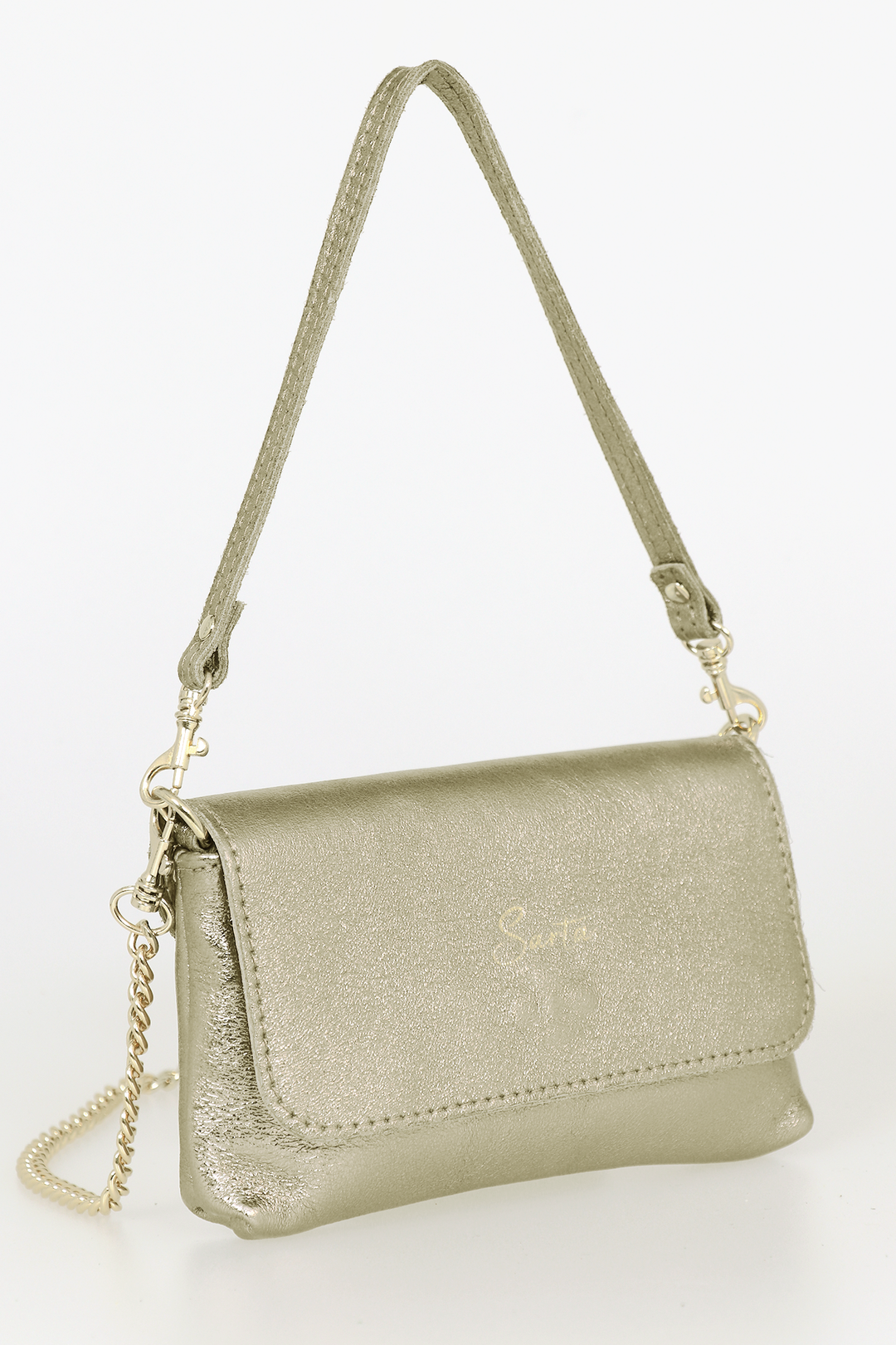 side view of the small cross body bag, showing the folding front closure, gold chain strap and detachable handle strap