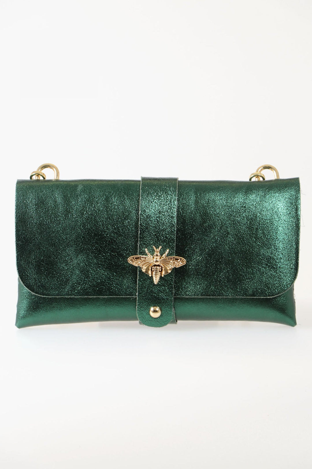 metallic emerald green clutch bag with a large bee clasp fastening and a long gold coloured chain strap