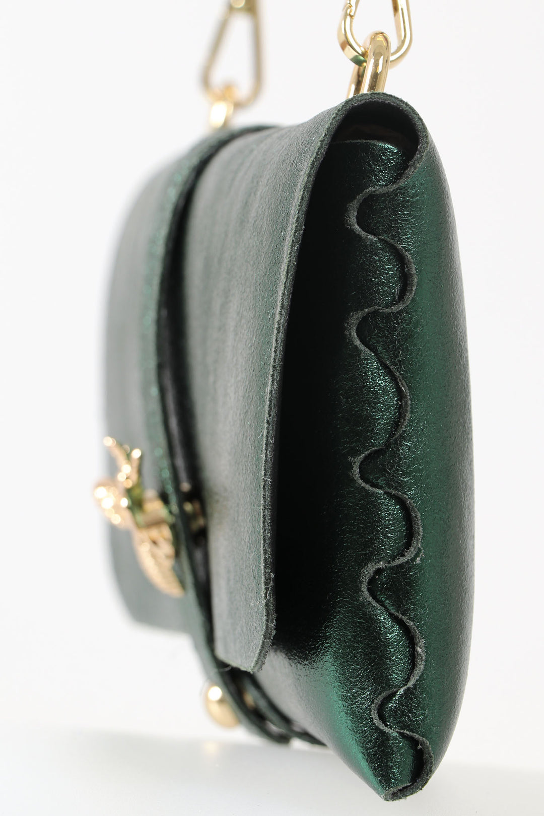 Emerald Green Bee Emblem Genuine Italian Leather Clutch Bag with Gold Chain Strap