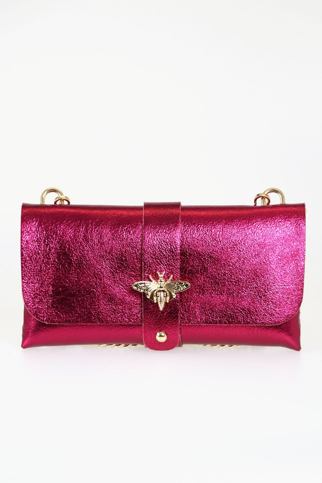 metallic pink clutch bag with a large bee clasp fastening and a long gold coloured chain strap