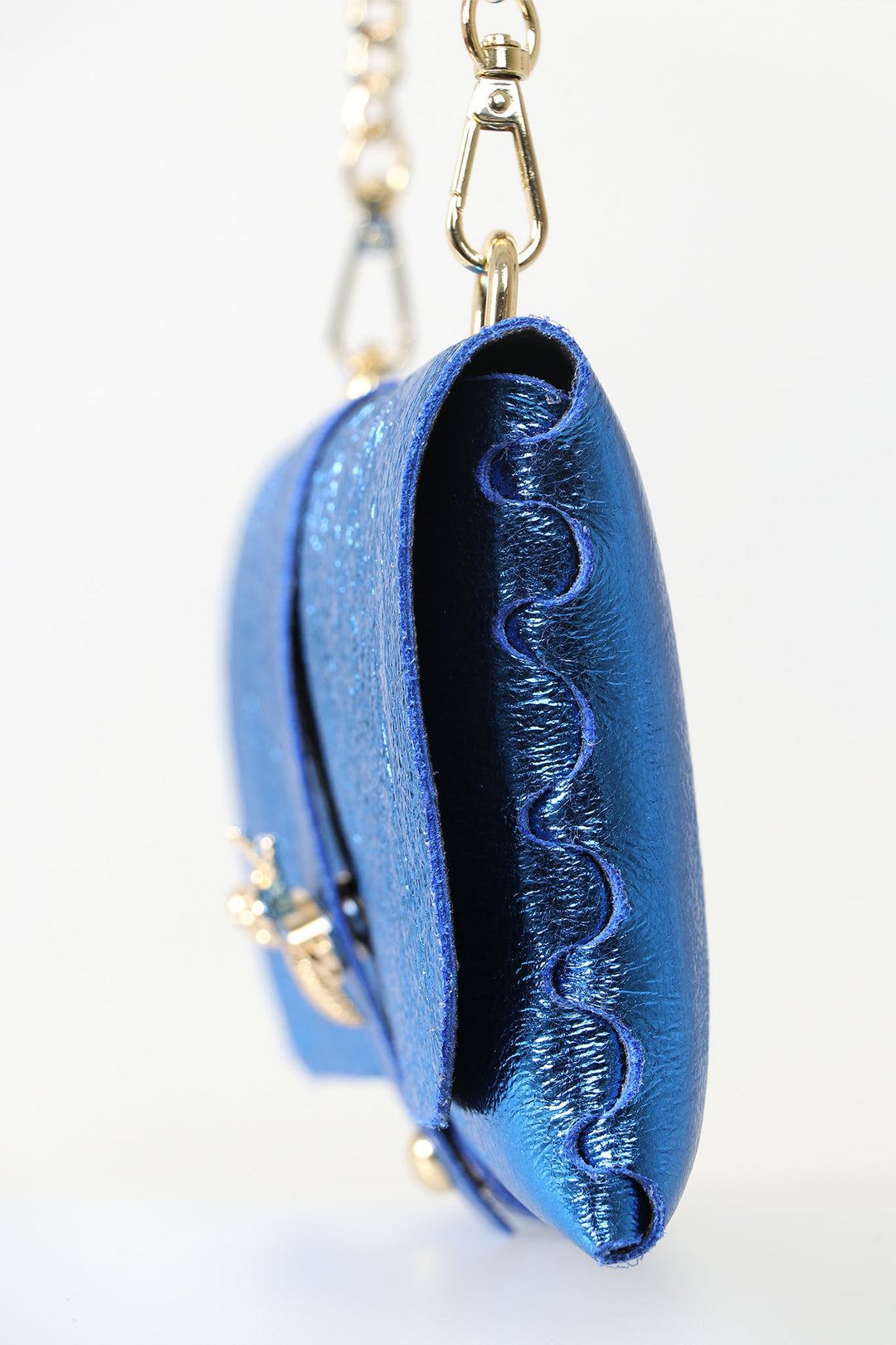 Metallic Royal Blue Bee Emblem Leather Clutch Bag with Gold Chain Strap