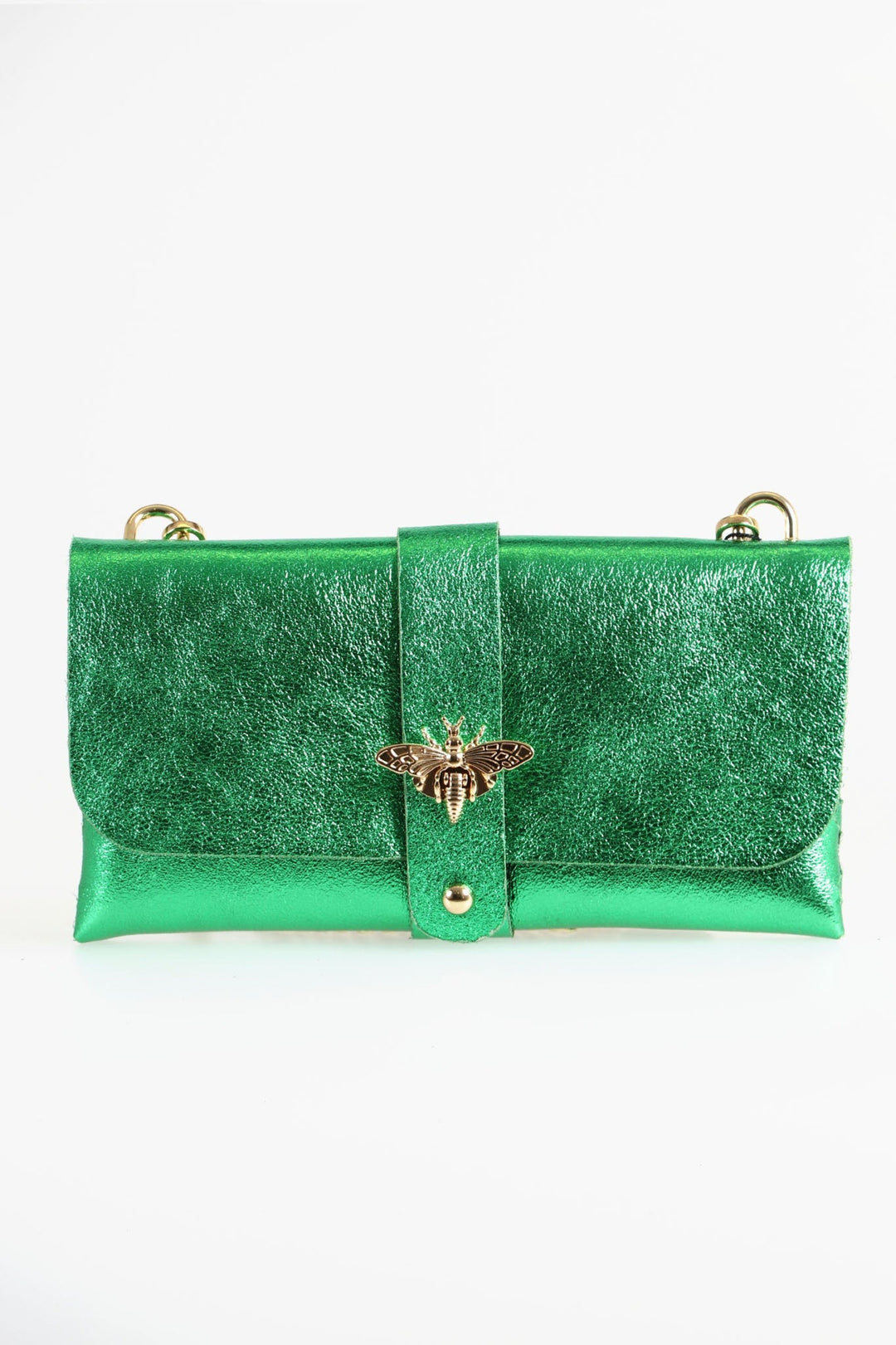 metallic green clutch bag with a large bee clasp fastening and a long gold coloured chain strap