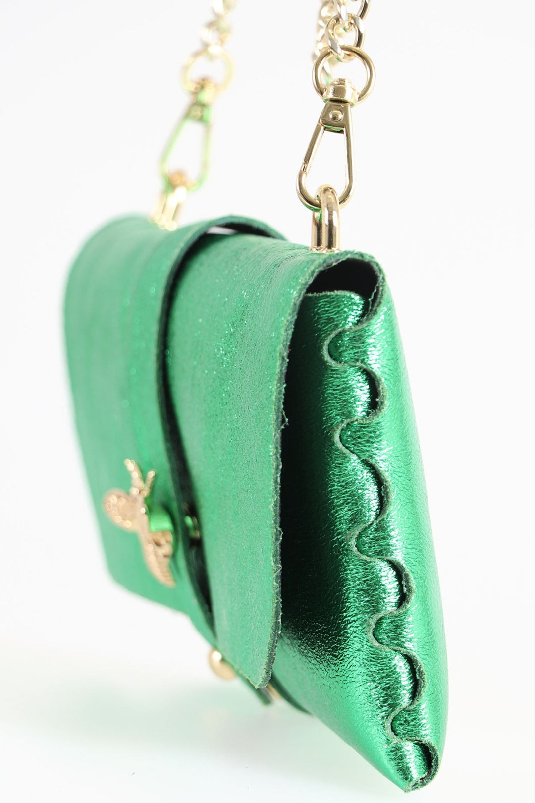 Metallic Bright Green Bee Emblem Genuine Italian Leather Clutch Bag with Gold Chain Strap