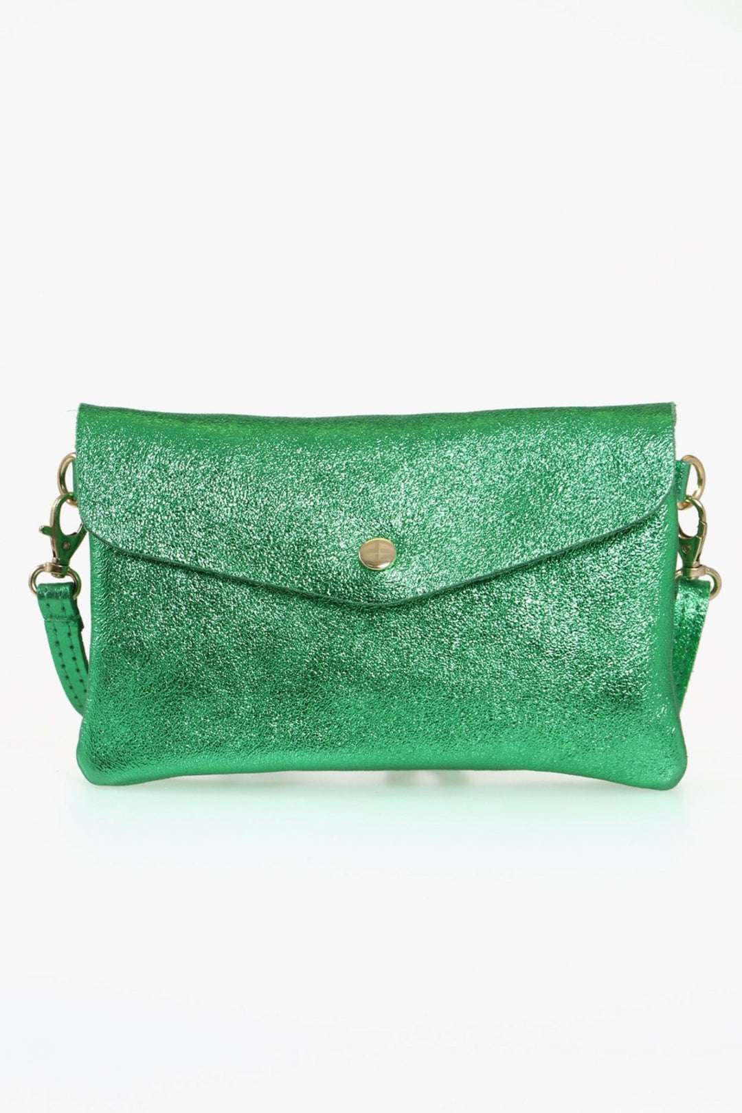 metallic green leather envelope clutch bag with gold snap button fastening on the front