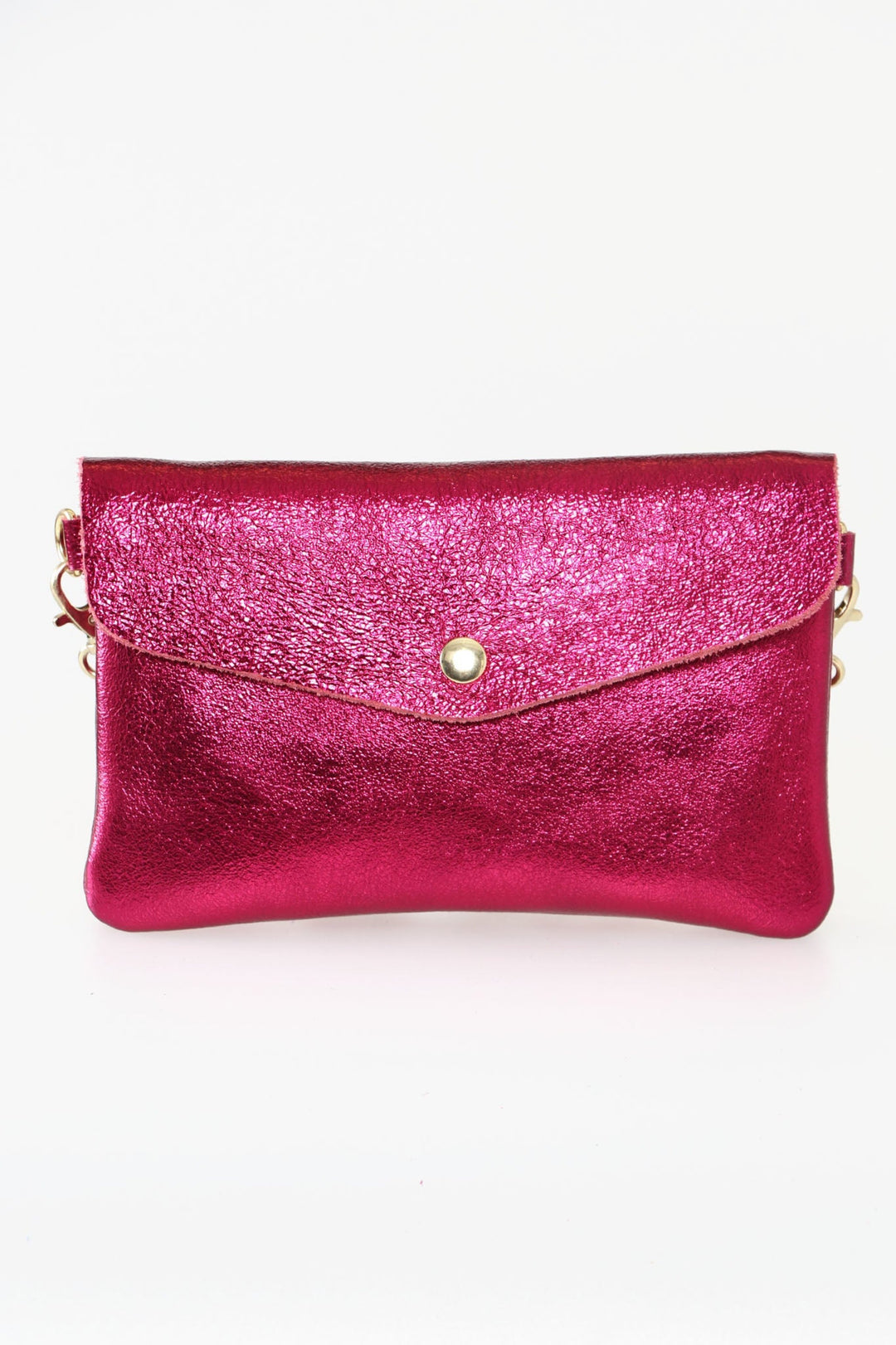 metallic magenta pink leather envelope clutch bag with gold snap button fastening on the front