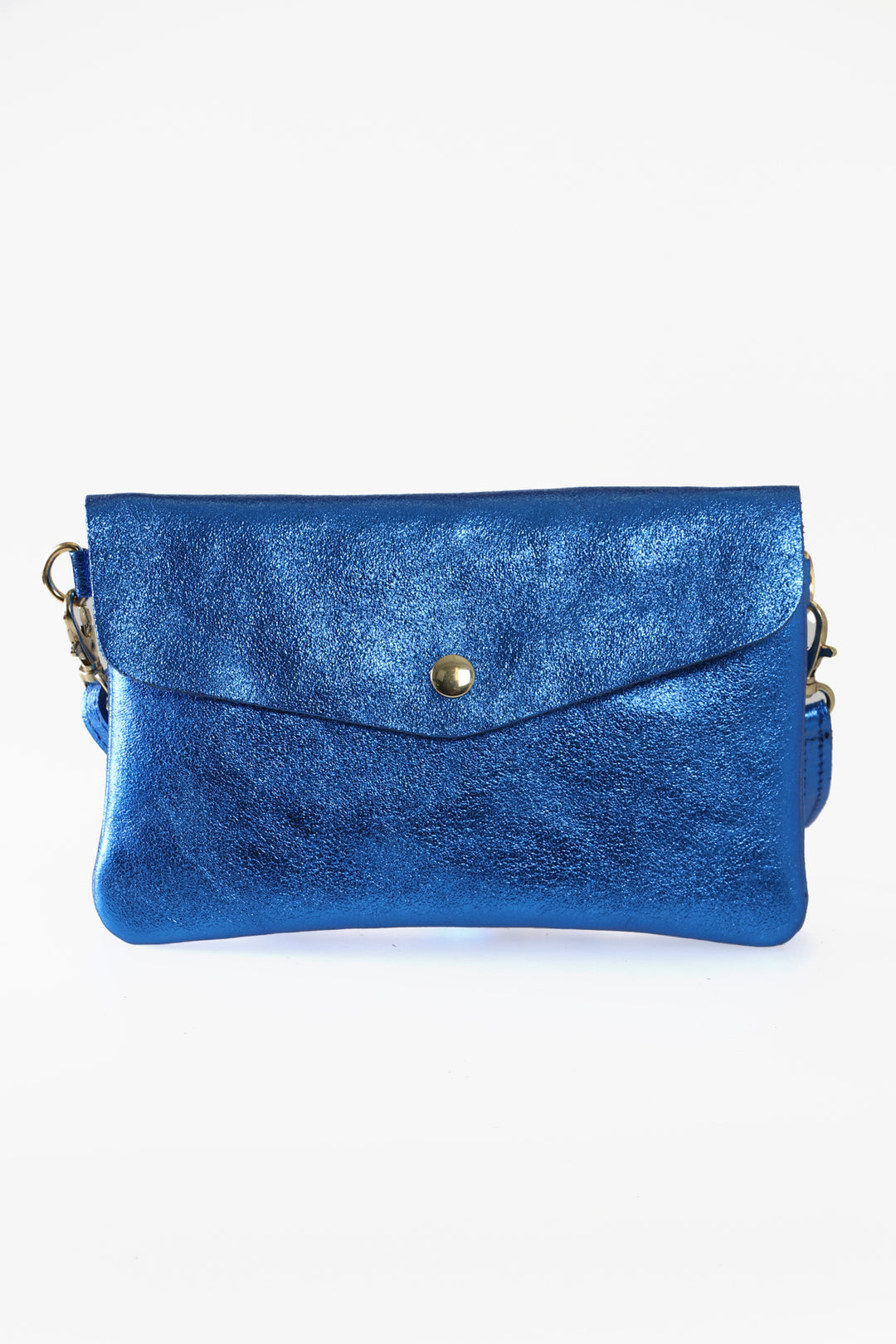 metallic royal blue leather envelope clutch bag with gold snap button fastening on the front