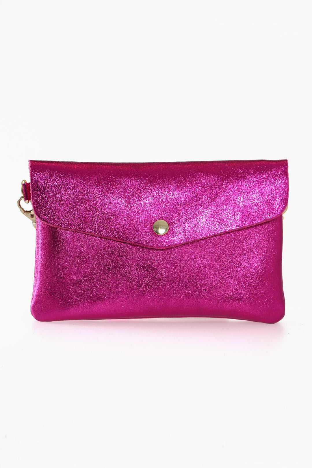 metallic pink leather envelope clutch bag with gold snap button fastening on the front