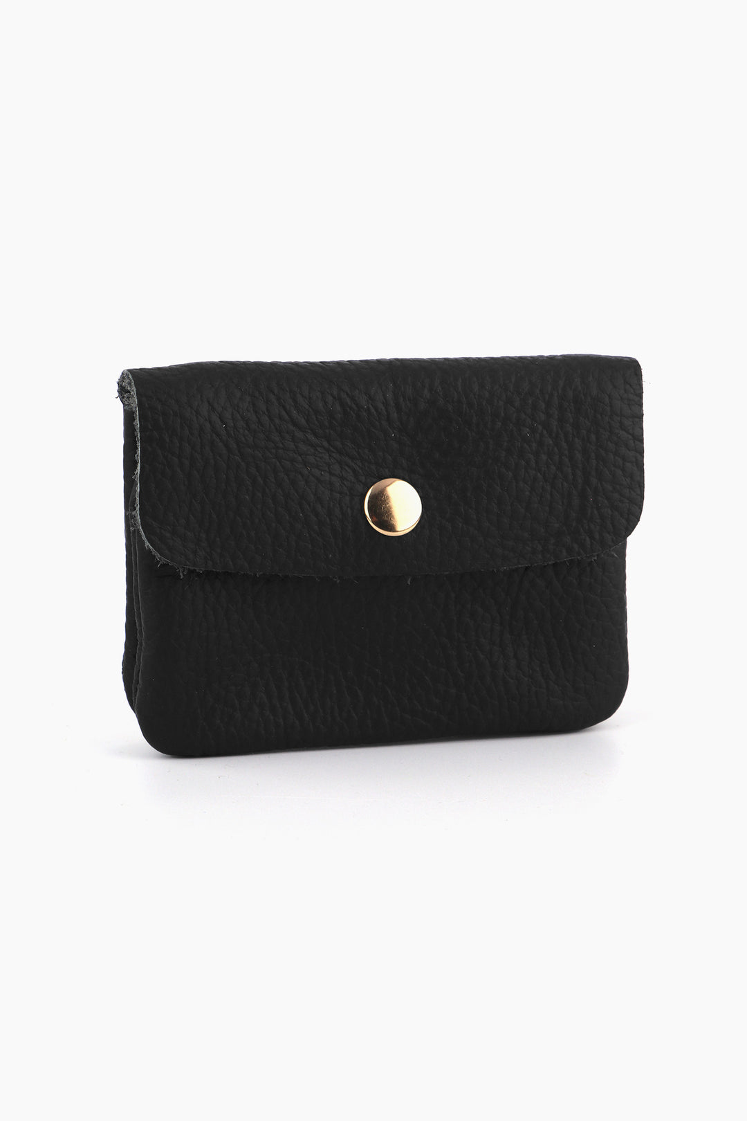 small black pebbled leather coin purse with an outer button closure. the button is gold coloured