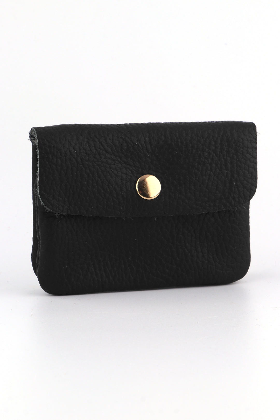 small black leather coin purse with a gold snap button closure