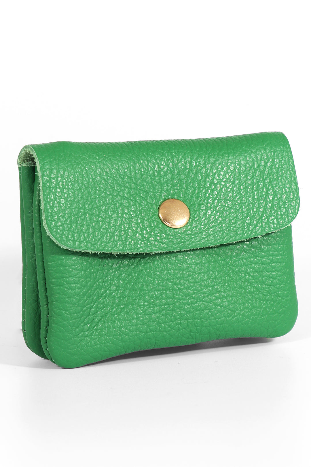 small green leather coin purse with snap closure button on the outside and internal zip pocket