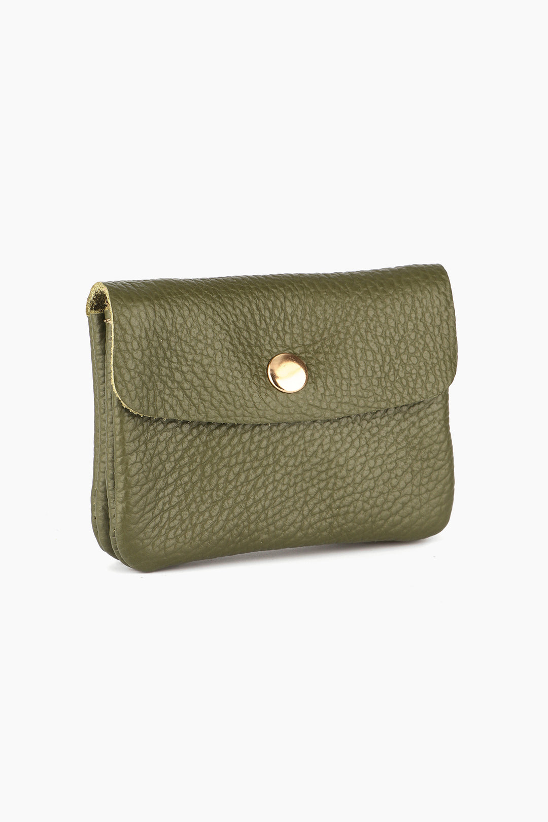 khaki green leather coin purse with a snap button closure on the outside